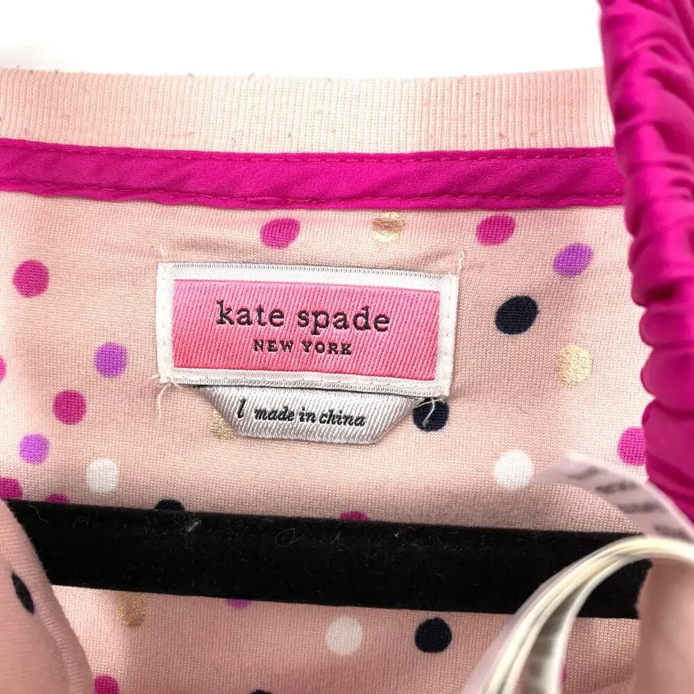 Kate Spade Pajama Set Womens Size L Pink Black Gold Polka Dot Novelty Print